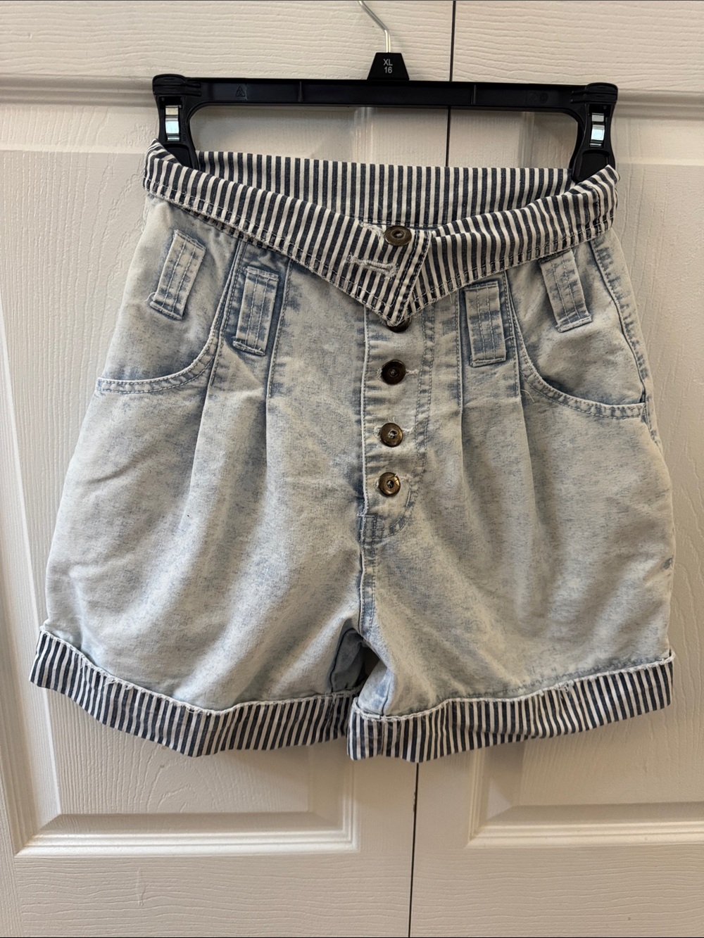 Vintage Mixed Blues Striped Trim Light Blue Denim Shorts